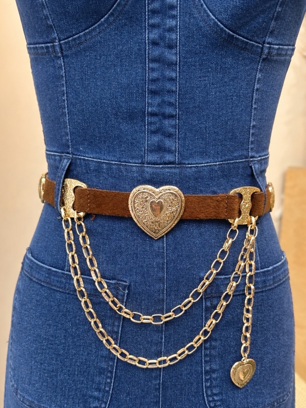 NEW Brown Cowhide Heart Buckle Chain Waist Belt